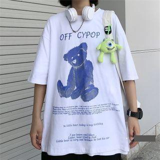Cartoon Bear Lettering Short-sleeve Round Neck T-shirt