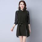 Set: Knit Vest + 3/4-sleeve Striped A-line Dress