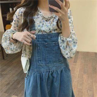 Long-sleeve Floral Chiffon Shirt / Pocket-detail Denim Overall Dress