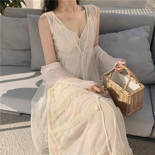V-neck Midi Spaghetti Strap Dress / Open-front Jacket / Mesh Sleeveless Midi Dress