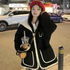 Sailor-collar Letter Applique Zip-up Chenille Jacket Black - One Size