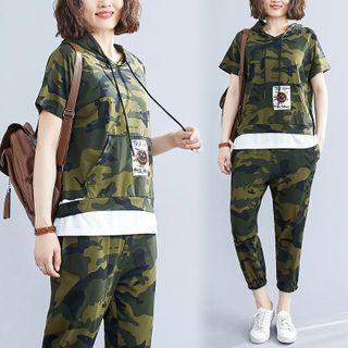 Set: Short-sleeve Mock Two-piece Camo Hoodie + Harem Pants
