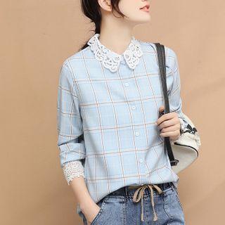 Collared Lace Trim Plaid Blouse