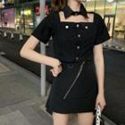 Cut-out Short-sleeve Blouse / Zip Detail Mini A-line Skirt