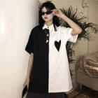 Short-sleeve Heart Print Paneled Shirt Black & White - One Size