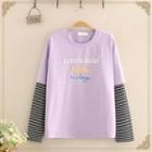 Inset Striped T-shirt Lettering Embroidered Sweatshirt