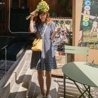 Puff-sleeve Embroidered Dress Navy Blue - One Size
