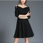 Sequined Off Shoulder 3/4 Sleeve A-line Dress
