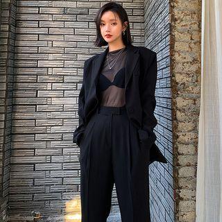 Mesh Long-sleeve Top / Single-breasted Blazer / Wide-leg Pants