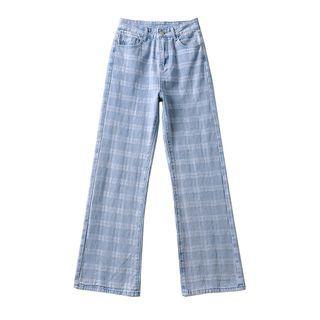 High Waist Plaid Wide Leg Jeans