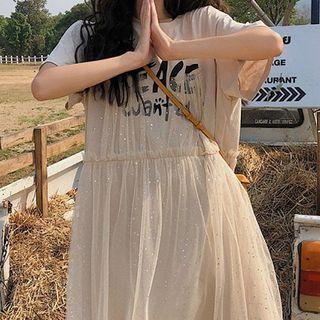Short-sleeve Lettering Mesh Overlay T-shirt Dress Almond - One Size
