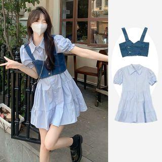 Puff-sleeve Shirtdress / Denim Crop Camisole Top / Set