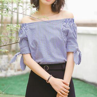 Off-shoulder Striped Elbow-sleeve Top