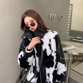 Faux Leather Cow Print Zipped Jacket Black & White - One Size