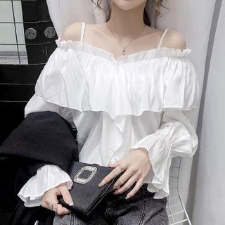 Long-sleeve Ruffled Cold Shoulder Chiffon Top