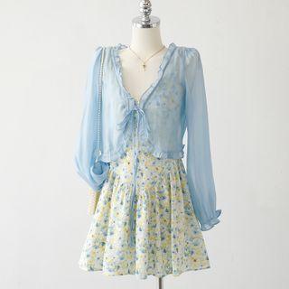 Floral Drawstring A-line Mini Dress / Plain Cardigan