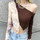 Long-sleeve One-shoulder Two-tone Cropped T-shirt