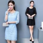 3/4 Sleeve Crewneck A-line Slim Lace Dress