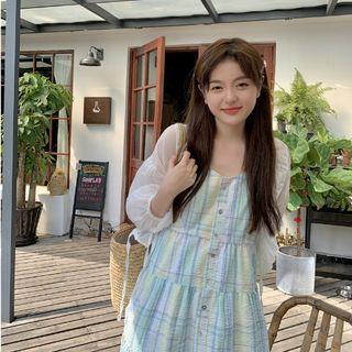 Light Jacket / Spaghetti Strap Plaid Midi Sundress