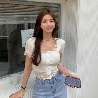 Short-sleeve Lace Trim Crop Knit Top White - One Size