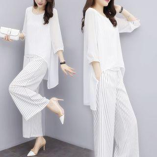 Set: 3/4-sleeve Chiffon Overlay Striped Top + Wide-leg Pants