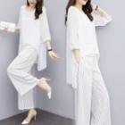 Set: 3/4-sleeve Chiffon Overlay Striped Top + Wide-leg Pants