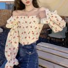 Puff-sleeve Off-shoulder Floral Shirt White - One Size