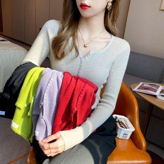 Buttoned V-neck Knit Top In 7 Colors