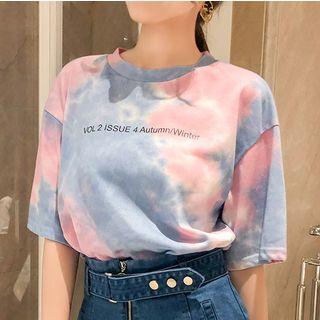 Short-sleeve Gradient Lettering T-shirt Blue - One Size