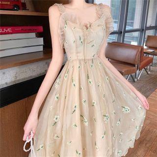 Spaghetti Strap Floral Mesh A-line Midi Dress