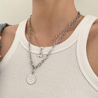 Layered Cherry Flower Pendant Chain Necklace Silver - One Size