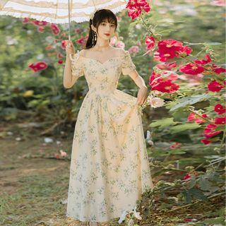 Short-sleeve Off-shoulder Floral Midi A-line Dress