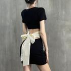 Short-sleeve Asymmetrical Neck Mini Sheath Dress