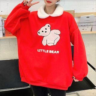 Fleece Loose-fit Bear Printed Polo Sweatshirt