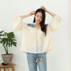 Tassel-detail Embroidered-yoke Top Cream - One Size