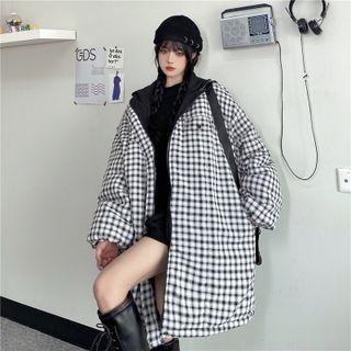 Reversible Plaid Zip-up Hooded Padded Jacket