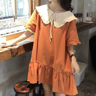 Frilled Trim Collared Short-sleeve Shift Dress