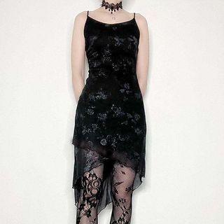 Spaghetti Strap Irregular Butterfly Print Sheath Dress
