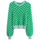 Lantern-sleeve Check Sweater