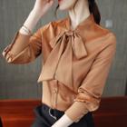 Long-sleeve Ribbon-neckline Plain Button-up Satin Shirt