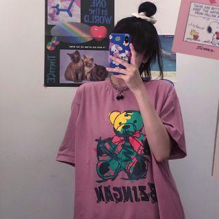 Elbow-sleeve Graphic Print T-shirt Purple - One Size
