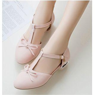 Bow-accent Faux Leather T-bar Low Heel Pumps