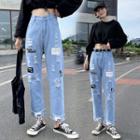 Lettering Distressed Cropped Straight-fit Jeans