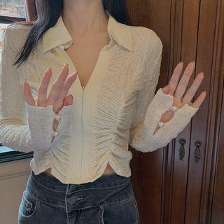 Zip-up Ruched Long-sleeve Shirt