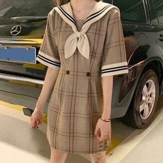Elbow-sleeve Sailor Collar Plaid Mini A-line Dress