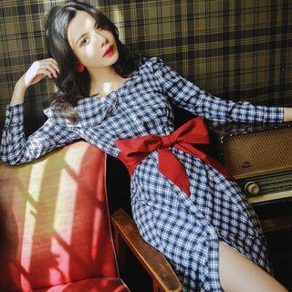 Plaid Long-sleeve Asymmetrical Collar Maxi Mermaid Dress