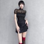 Puff-sleeve Mesh Panel Floral Jacquard Bodycon Dress