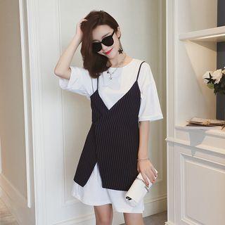 Set: Elbow-sleeve T-shirt Dress + Pinstriped Strappy Dress