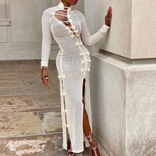 Long-sleeve Cut Out Slit Maxi Sheath Dress