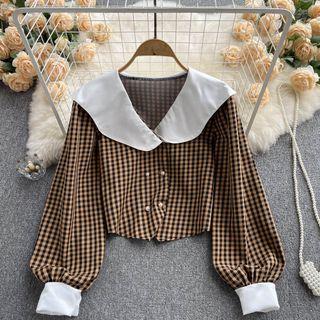 Long-sleeve Peter Pan Collar Plaid Color Block Top